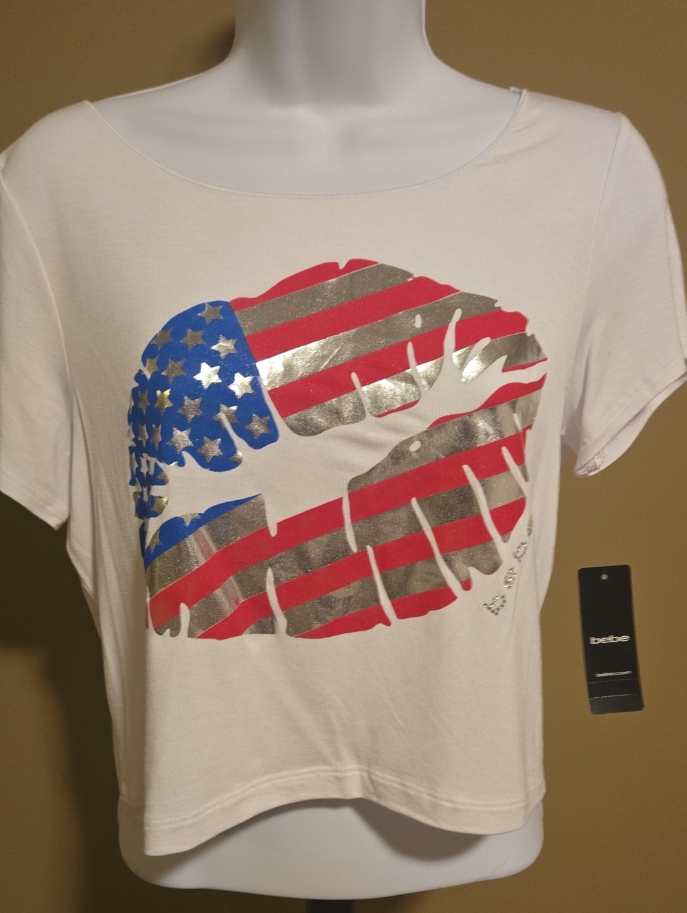 bebe White Tee with American Flag Lip Graphic and Metallic Silver NWT Small